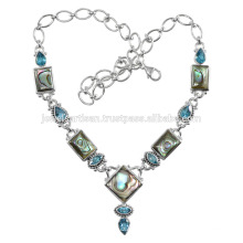 Abalone Shell And Blue Topaz Gemstone Handmade 925 Solid Silver Necklace